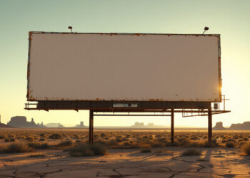 An empty, weathered billboard on rusted metal supports in a desert at sunset with distant mesas on the horizon.