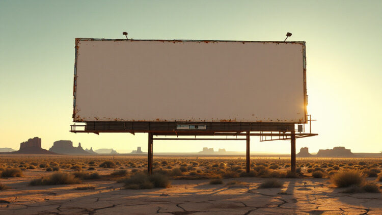 An empty, weathered billboard on rusted metal supports in a desert at sunset with distant mesas on the horizon.