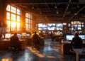 Open-plan office at sunset with rows of desks and multiple monitor screens on each workstation.